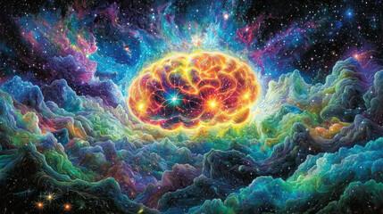 Vibrant glowing brain pulsating with energy surrounded by colorful cosmic clouds