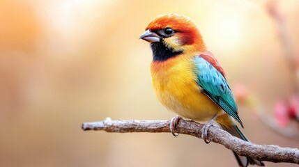 Fototapeta premium A vibrant bird with striking orange and blue feathers sits gracefully on a branch, illustrating the amazing beauty of wildlife in a gentle and warm atmosphere.
