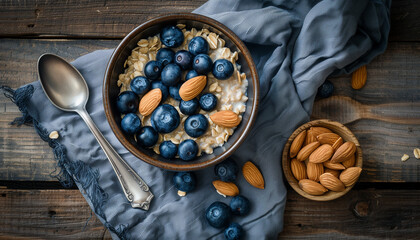 Breakfast. Muesli with fresh berries and nuts.