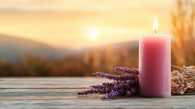 This serene image features a pink candle surrounded by lavender and natural elements, set against a tranquil sunset backdrop, creating a relaxing atmosphere. - Powered by Adobe