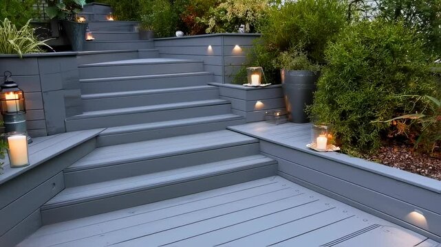 illuminated gray staircase with lush greenery creates a serene and inviting ambiance for outdoor living space design concept