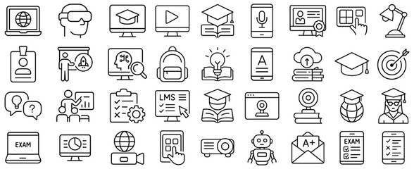 Collection of outline icons representing online education, e learning and virtual learning resources concepts