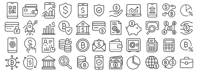 A versatile set of business and finance line icons representing various financial transactions and growth