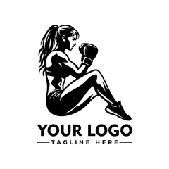 Strong athletic woman boxer in fighting stance wearing sportswear and boxing gloves, black and white cartoon vector illustration
