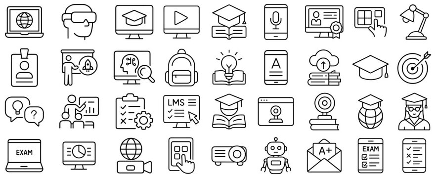 Collection of outline icons representing online education, e learning and virtual learning resources concepts