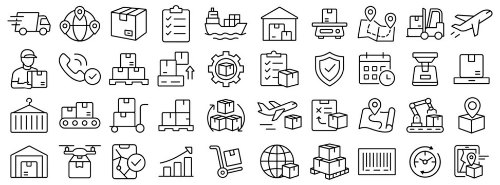 Comprehensive collection of outline icons depicting global logistics shipping and delivery services system