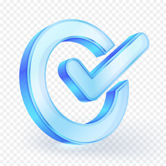 Check mark icon in circle, blue transparent glass material isolated on transparent background. 3D vector illustration.