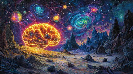 Vibrant brain glowing in cosmic landscape, interconnected with stars and galaxies, evokes wonder