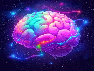 Vibrant brain glowing in cosmic setting, intertwined with colorful energy