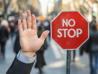 Businessman in suit raises hand near stop sign, conveying strong message of caution