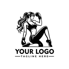 Strong athletic woman boxer in fighting stance wearing sportswear and boxing gloves, black and white cartoon vector illustration
