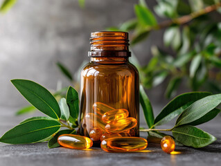 Amber bottle with softgel capsules surrounded by green leaves, showcasing health and wellness