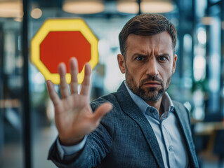 Businessman with determined expression, hand raised stop gesture, conveying authority and focus