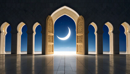 the mosque door is open with a view of the crescent moon outside at night. Islamic concept, muharram, ramadan, Islamic holidays