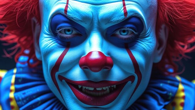 A sinister clown with red hair, blue face paint, and a haunting smile stares directly at the viewer in vivid detail.