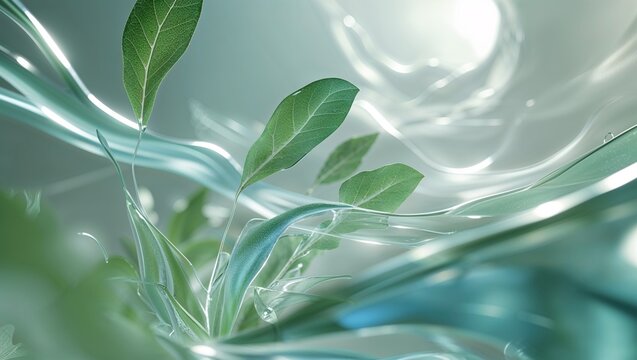 Emerging small green sprout twisting through conceptual fluid space, with translucent fluid ribbons - Powered by Adobe