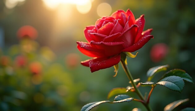 Fototapeta Crimson rose, dewdrops reflecting golden sunlight, garden bokeh.