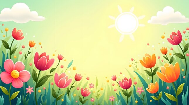 Vibrant floral illustration with sun and clouds, ideal for spring themes and cheerful backgrounds. 198 characters