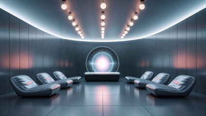 Glowing energy sphere radiating blue pink glow in high tech lounge with lights, chairs curved walls