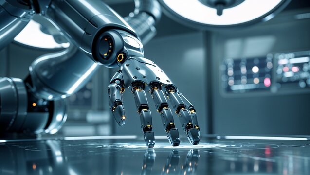 Hovering robotic arm with hand under lamp showing holographic circuits on touchscreen table in lab - Powered by Adobe