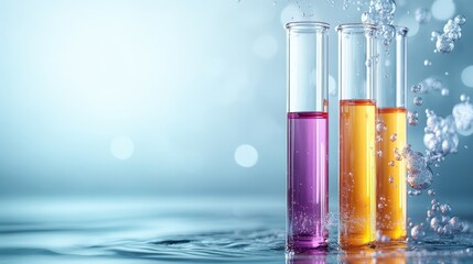 An intriguing image highlighting three test tubes filled with vibrant colored liquids, capturing the essence of science and experimentation with a backdrop of rising bubbles.