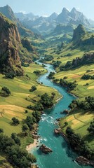Scenic river winding through lush green hills and jagged mountains during daytime in a serene landscape