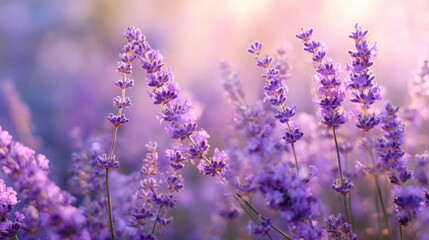 Obraz premium A field of purple lavender flowers with the sun shining on them