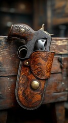 Historical revolver with rustic leather background High Resolution Picture