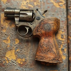 Ornate pistol placed on distressed leather case High Resolution Picture