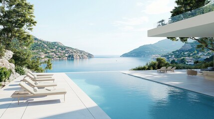 Fototapeta premium Panoramic ocean view pool deck with lounge chairs.