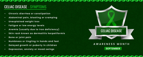 Celiac Disease Awareness ribbon with Symptoms, Shield Design with Pattern Based Background.