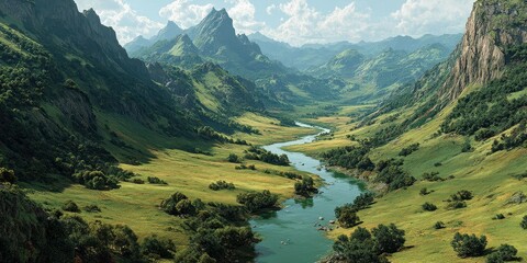 Scenic river winding through a lush green valley surrounded by majestic mountains during daylight