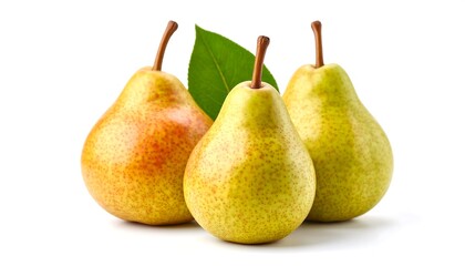 Three ripe pears with leaf on white.