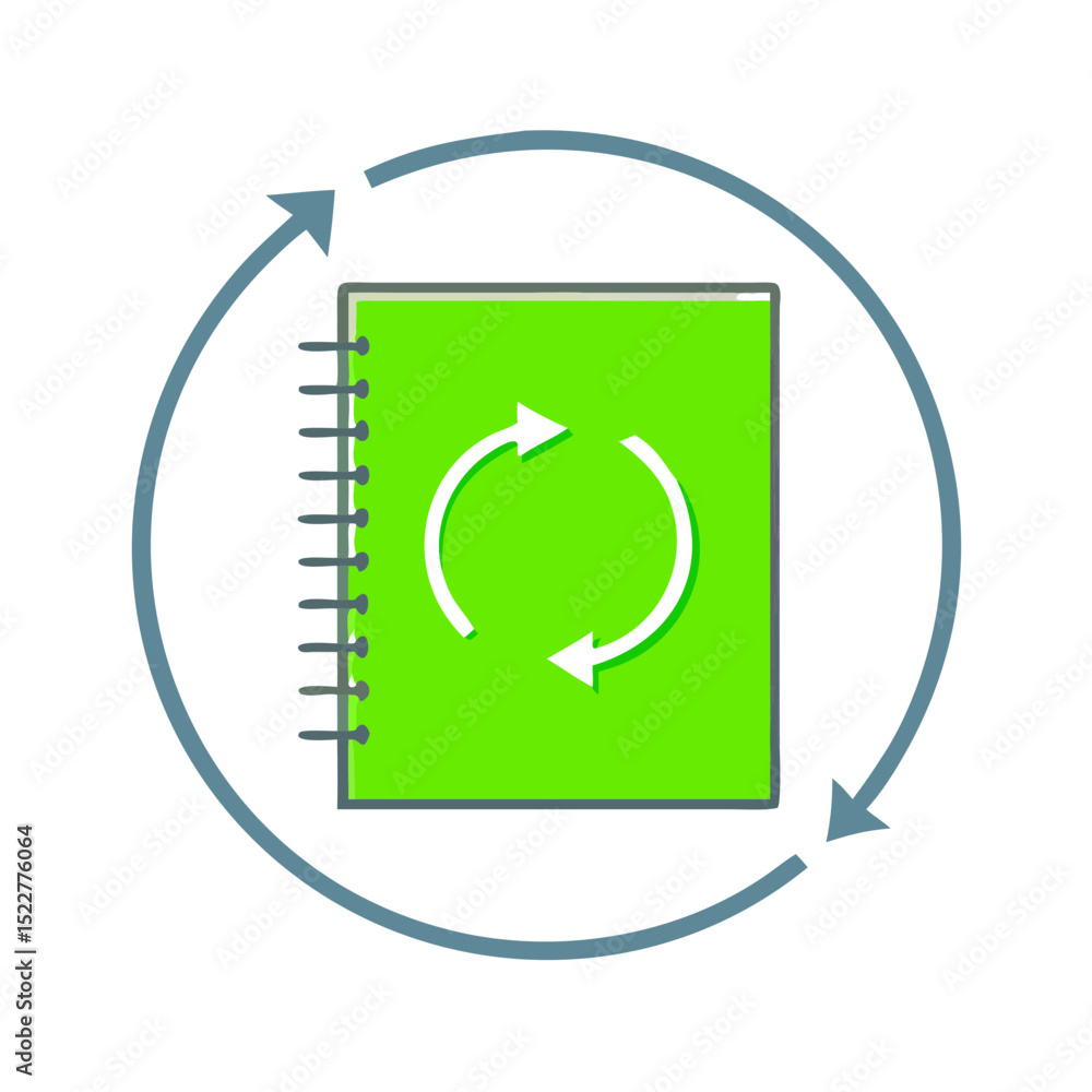 Poster recycled notebook icon with circular arrows in green color