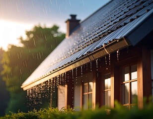 Naklejka premium Rain falling on a house's roof during sunset water droplets flowing down the gutter