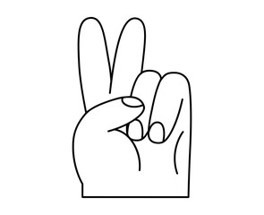 Hand drawn cute outline illustration of victory human hands gesture. Flat vector V arm sign line art doodle. Win or peace sticker. Success congratulation icon. Greeting interaction. Isolated.