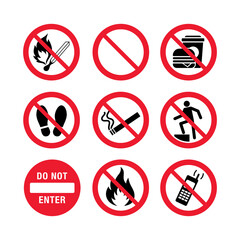 Set of Universal Prohibition Icons in Red Circular Signs on White