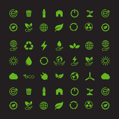 Set of Green Eco-Friendly Icons Representing Sustainability and Renewable Energy
