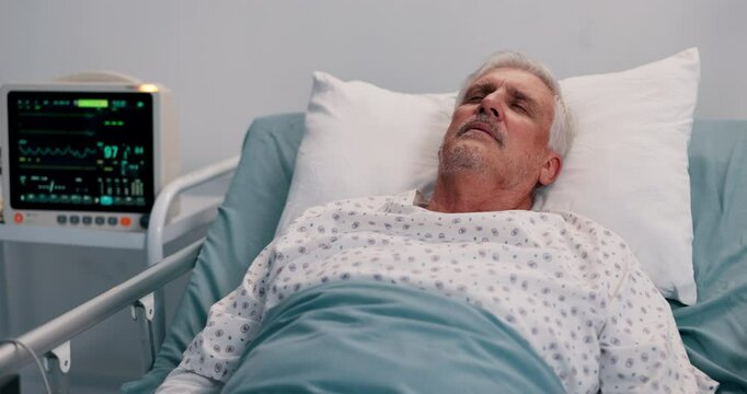 Elderly man, sleeping and bed in hospital for post surgery, recovery and tired from anesthesia. Senior patient, asleep and rest in healthcare services, wellness and treatment from operation in ICU