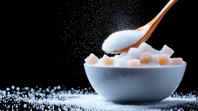A close-up shot of white sugar cubes in a bowl with a wooden spoon pouring granulated sugar, creating a mesmerizing visual display of sweetness and indulgence. - Powered by Adobe