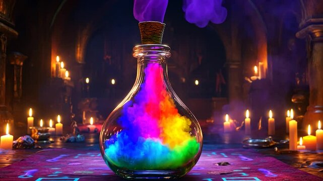 Colorful potion in a glass bottle
