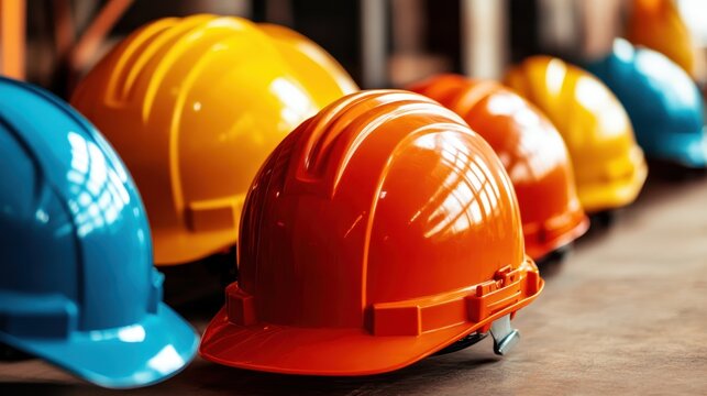 A colorful arrangement of safety helmets displayed neatly, representing workplace safety, construction, and a commitment to secure work environments.