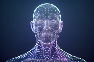 Futuristic Digital Human Head with Glowing Wireframe Design