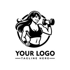 Strong fit woman lifting dumbbells in workout gear, black and white cartoon vector illustration
