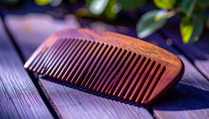 Polished Wooden Hair Comb Resting on Rustic Wooden Surface Outdoors in Sunlight
