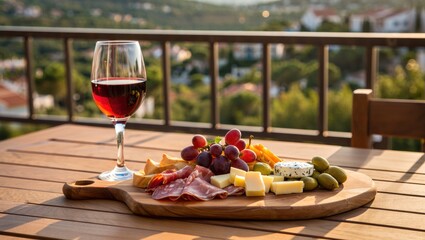 Charcuterie board featuring assorted cheeses, cured meats, fresh grapes, and olives, accompanied by a glass of red wine, set on a wooden table with a scenic outdoor view