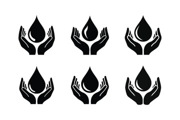 set of two cupped hands with water droplet silhouette vector illustration