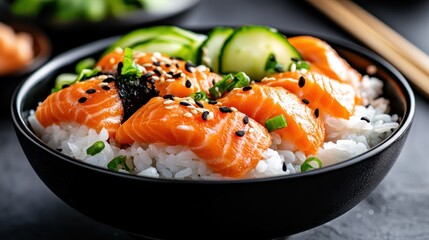 A vibrant sushi bowl featuring delicately arranged slices of salmon atop fluffy rice, garnished with fresh vegetables and sesame seeds for an appetizing presentation.