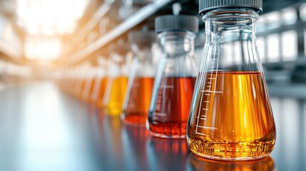 A visually striking arrangement of laboratory flasks filled with vibrant colored liquids, symbolizing scientific exploration, creativity, and the study of chemistry in a contemporary setting.