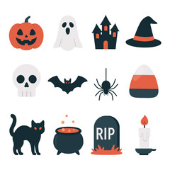 Halloween concept icons sticker set featuring pumpkin, ghost, skull, bat, witch hat, candy corn, black cat, cauldron, tombstone, and candle, perfect for spooky season stickers and designs vector flat 